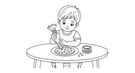Vector illustration of a little boy preparing food. Coloring book for children.のイラスト素材