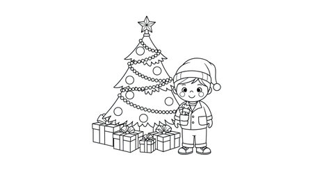 Santa Claus with Christmas tree and presents, black and white vector illustrationのイラスト素材
