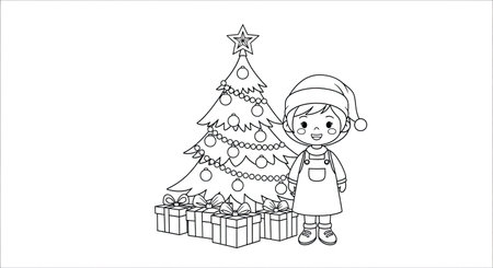Cute little girl with christmas tree and presents. Vector illustration.のイラスト素材