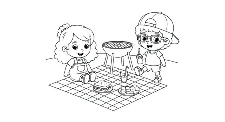 Boy and girl having barbecue party. Vector illustration in outline style.のイラスト素材