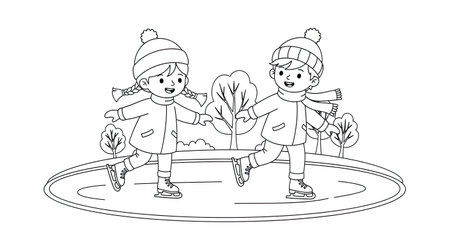 Vector illustration of children skating on ice rink in winter park. Boy and girl in warm clothes skating on ice rink.のイラスト素材