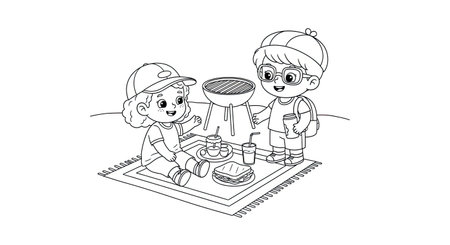 Children cooking on a picnic. Black and white outline vector illustration.のイラスト素材