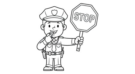 Policeman Holding Stop Sign - Black and White Cartoon Illustrationのイラスト素材