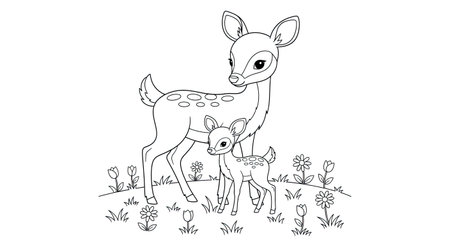Coloring pages for children. Cute cartoon deer with a cub.のイラスト素材