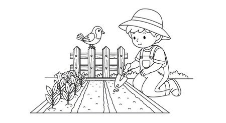 Boy gardening with bird and fence, black and white vector illustration.のイラスト素材