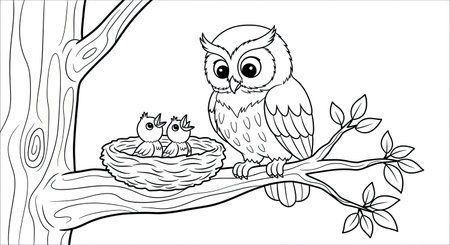 Owl with chicks in the nest. Coloring book for children.のイラスト素材