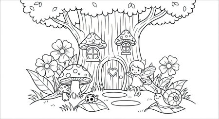 Coloring book for children: mushroom house, tree, owl, snail and birdのイラスト素材