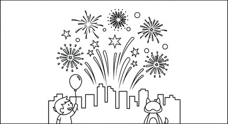 Happy new year card with fireworks. Vector illustration. Black and white.のイラスト素材