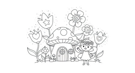 Vector illustration of cute fairytale fairy tale mushroom house. Outline hand drawing coloring page for kidsのイラスト素材