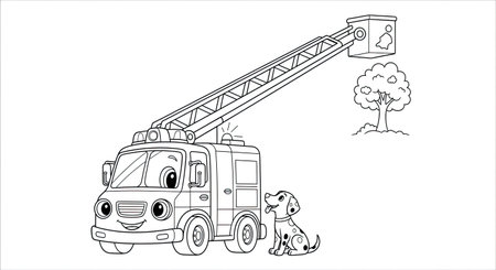 Black and white vector illustration of a dog with a big fire truckのイラスト素材