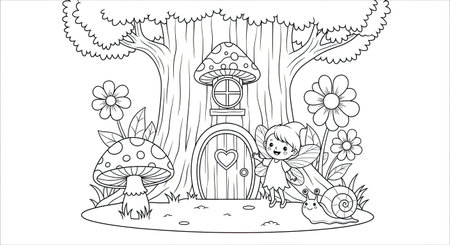 Coloring book for children: hedgehog in the forest near a mushroom houseのイラスト素材