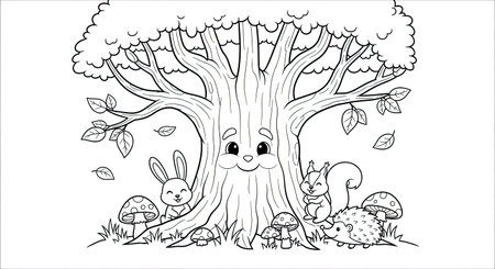 Black and White Cartoon Illustration of Funny Animal Characters in the Forest for Coloring Bookのイラスト素材