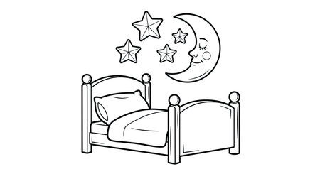 Bed with star and crescent, black and white outline vector illustrationのイラスト素材