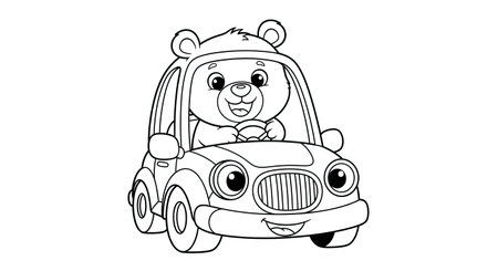 Illustration of a Cute Teddy Bear Driving a Car - Coloring Bookのイラスト素材