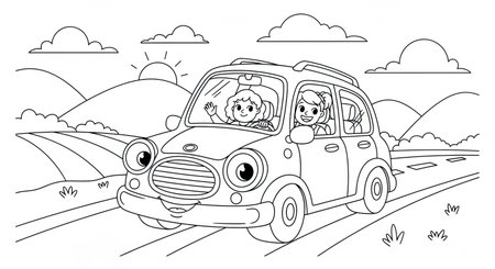 Happy family on the road. Black and white vector illustration for coloring bookのイラスト素材