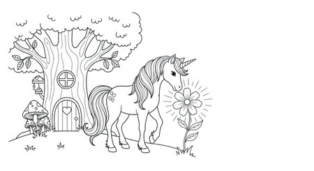 Unicorn with flowers and tree design, Magic fantasy fairytale childhood and animal theme Vector illustrationのイラスト素材