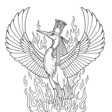 Egyptian Mythology Bennu Phoenix Rebirth Coloring Page for Kids Creative Learningのイラスト素材