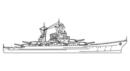 Detailed Battleship Warship Coloring Page for Children with Naval Ship Outlineのイラスト素材