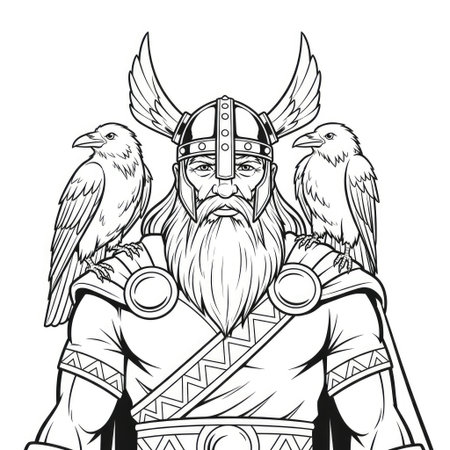 Norse Mythology God Odin Allfather Raven Coloring Page for Kids Creative Learningのイラスト素材