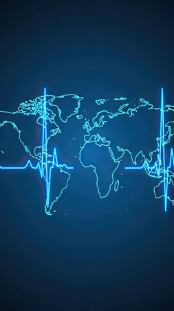 A dark blue digital world map illuminated by neon lines and pulsing energy waveforms. This high tech...