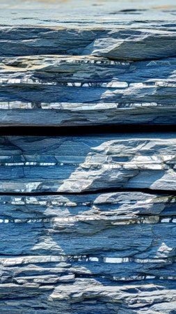 This image displays ancient sedimentary rock layers with subtle reflective qualities. It highlights...