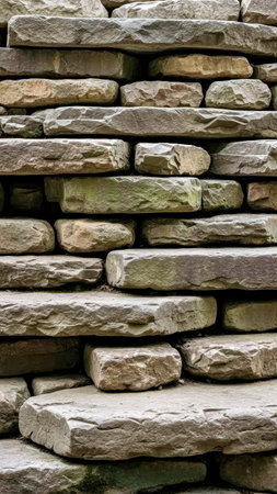 A detailed view of a professional stacked stone wall featuring various shapes and sizes of natural...