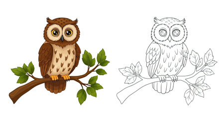 A simple line art illustration of an owl sitting peacefully on a tree branch. An easy and quick coloring page for children's nature, bird, and simple art activities.のイラスト素材
