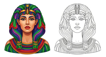 A regal bust illustration of an Egyptian Queen, featuring traditional headdress and ornate jewelry. Presented in a rich color version and a simple black and white outline for comparison and versatility.のイラスト素材