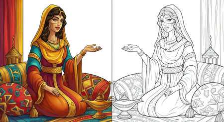 A set of illustrations featuring an exotic princess holding a beautiful, ornate magic lamp. Includes a vibrant color version and a simple black and white outline for a coloring page template.のイラスト素材