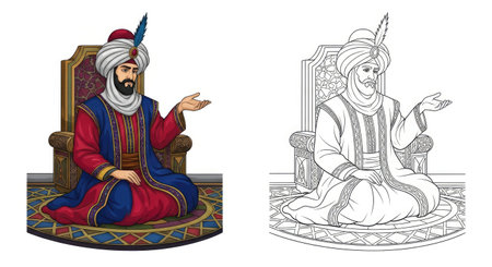 A majestic illustration of a Sultan in rich traditional Ottoman attire, seated on an ornate throne....