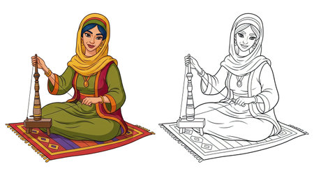 An illustration of a woman spinning yarn on a traditional spinning wheel. Includes a full color version and a simple line art outline for comparison and historical craft themes.のイラスト素材