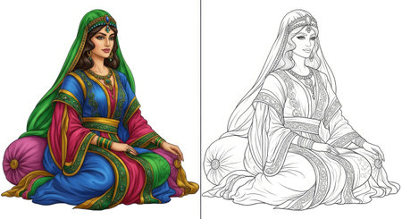 A serene illustration of a woman in traditional dress sitting peacefully. Includes a full color version and a simple outline drawing for comparison and cultural coloring themes.のイラスト素材