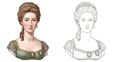 An elegant portrait bust of a woman in period dress, showcasing a style transitioning between Nouveau and Art Deco eras. Includes a line drawing and a vibrant color version.のイラスト素材