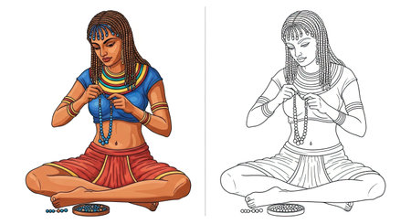 A creative coloring page showcasing an Egyptian woman artisan carefully assembling a traditional beaded collar. Perfect for kids interested in history and jewelry design.のイラスト素材