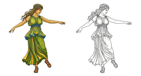 A graceful woman in traditional Greek dress captured mid-dance. The set includes a vibrant color rendering and a matching line art template for coloring exercises.のイラスト素材