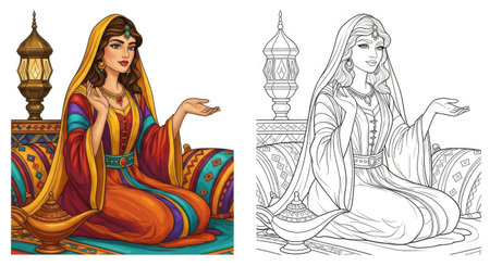 Magical genie emerging from an ornate lamp inspired by Arabian folklore. Includes a detailed fantasy illustration and a high quality line art coloring page.のイラスト素材