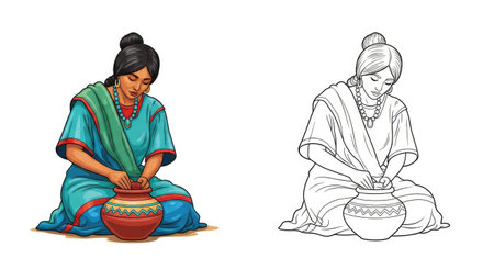 A communal art scene showing women collaborating on hand-crafted pottery pieces. Features a rich color illustration and a refined pencil sketch version.のイラスト素材