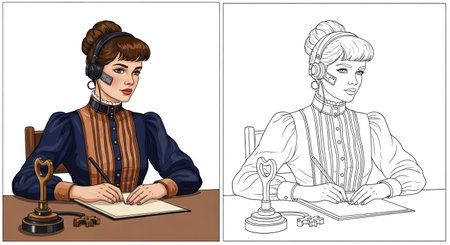 A creative anachronism featuring a Victorian woman using modern headphones at her writing desk. Available in dual color and black and white line art views.のイラスト素材