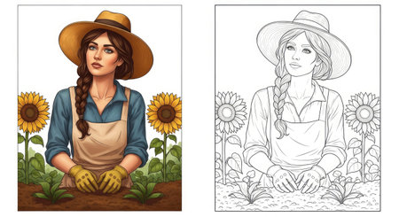 Intricate line art showing a woman surrounded by blooming sunflowers. This detailed design offers a relaxing coloring experience for plant and flower lovers.のイラスト素材