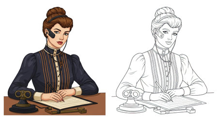 A contemporary scene of a professional woman multi-tasking at her desk with a headset. Ideal for themes of customer service, remote work, and modern office life.のイラスト素材