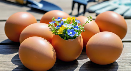 A vibrant and symbolic image showcases a cracked Easter egg with a cluster of delicate blue and...
