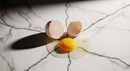 A vibrant yellow egg yolk rests amidst cracked eggshells on a striking marble surface, symbolizing culinary preparation, freshness, and the potential for delicious meals and recipes.の写真素材