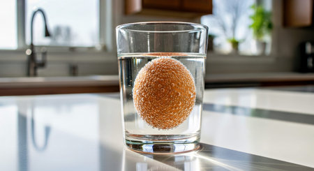 A close-up of a glass bottle filled with small round white bubbles is placed on a blurry light gray...