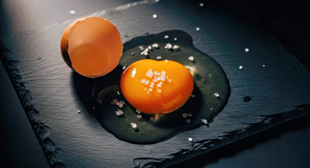 A cracked eggshell displays a pristine golden yolk and clear egg white, with coarse sea salt...