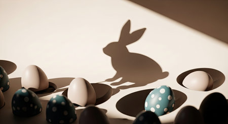 This charming stock photo captures a scene of an Easter egg hunt with various decorated eggs and a...