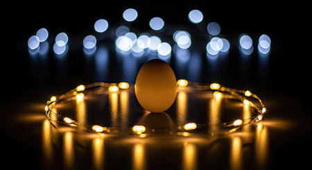 A single egg sits gracefully on a wooden table surrounded by glowing Christmas lights, creating a...