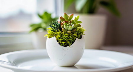 This charming image showcases a vibrant succulent arrangement nestled within a creatively cracked...