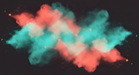 Bewildering scene of dynamic red and green smoke flare exploding against a deep black background,...