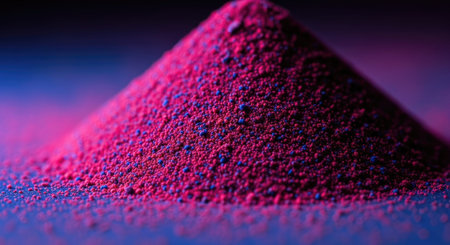 The image showcases an artistic close-up of a small mound of red sand or powder set against a...
