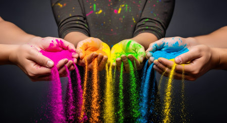 A vibrant and joyful image captures several hands holding colorful powder, reminiscent of the Holi...
